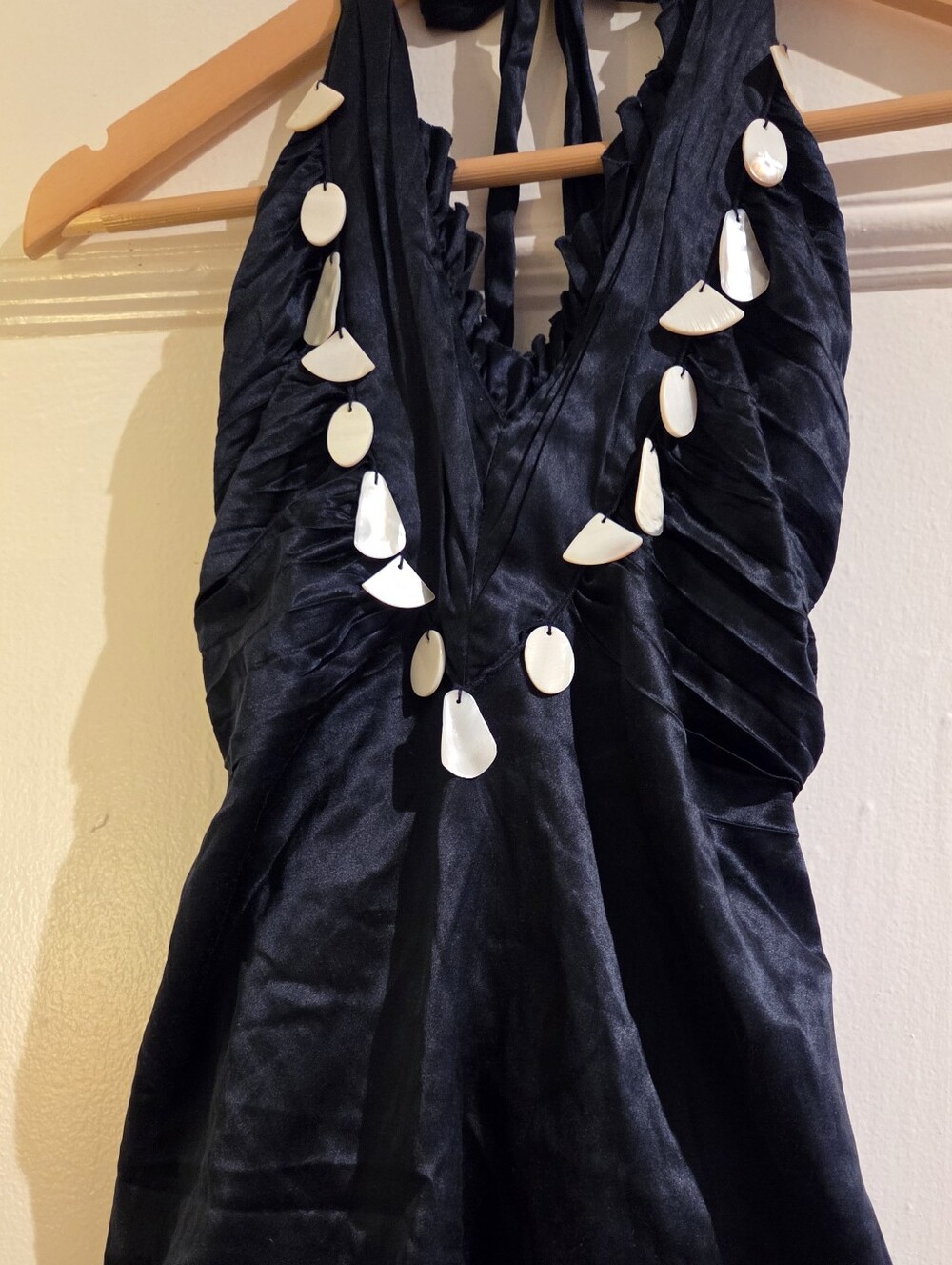 JLO Vintage Satin Navy Blue Halter Top with Sea Shell Accent